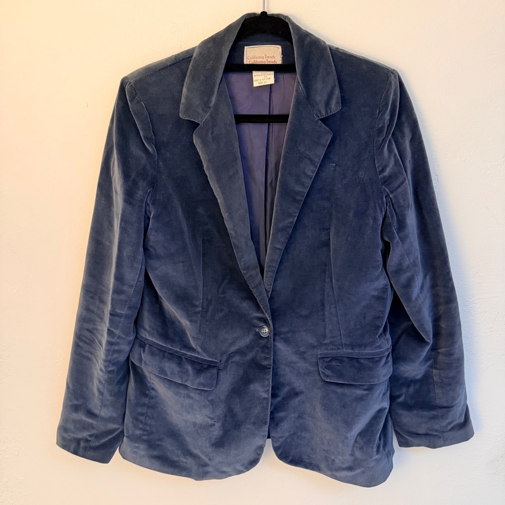 Vtg‎ Womens 13 Blue Cotton Velvet Blazer Jacket Retro Indie 80s Dark Academia